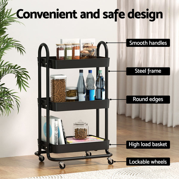 Artiss Storage Trolley Kitchen Cart 3 Tiers Rack Shelf Organiser Wheels Black Kitchen Carts
