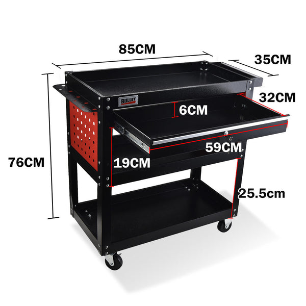 Pro 3 Tier Steel Tool Trolley Cart For Workshop Mechanic With Drawer Pegboard Screwdriver Bay Black/Red Tool & Equipment Trolleys