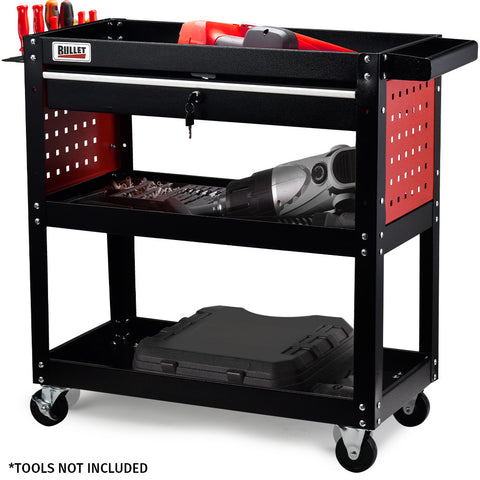 Pro 3 Tier Steel Tool Trolley Cart For Workshop Mechanic With Drawer Pegboard Screwdriver Bay Black/Red Tool & Equipment Trolleys