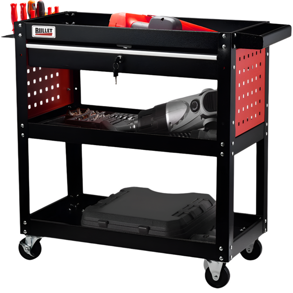 Pro 3 Tier Steel Tool Trolley Cart For Workshop Mechanic With Drawer Pegboard Screwdriver Bay Black/Red Tool & Equipment Trolleys