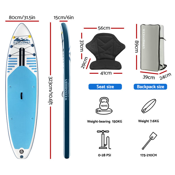 Weisshorn Stand Up Paddle Board 10.6Ft Inflatable Sup Surfboard Paddleboard Kayak Blue Surfboards