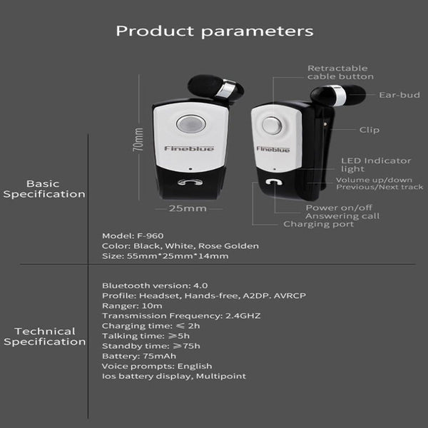 Retractable Bluetooth Headset With Caller Vibration Reminder Headsets & Earpieces