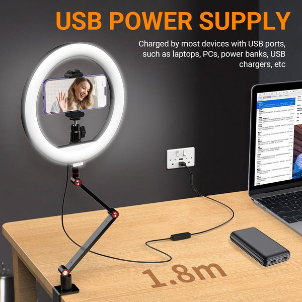 10 Inch Foldable Led Ring Light With Swing Arm Stand Phone Holder Selfie Lights