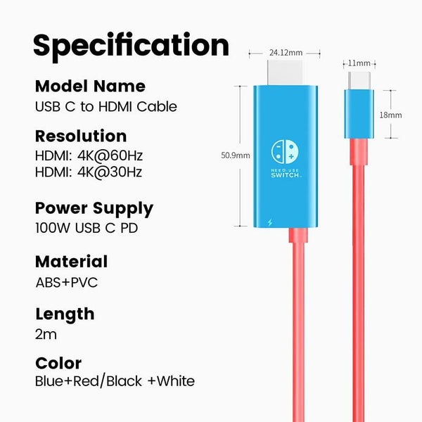 6.6 Foot Type C To Hdmi Cable For 4K Television And Nintendo Switch Cables & Adapters