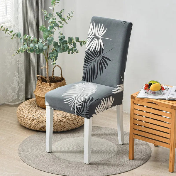 Chair Cover Grey Leaves Design Anti Dirt Elastic Material For Dining Room Kitchen Slipcovers