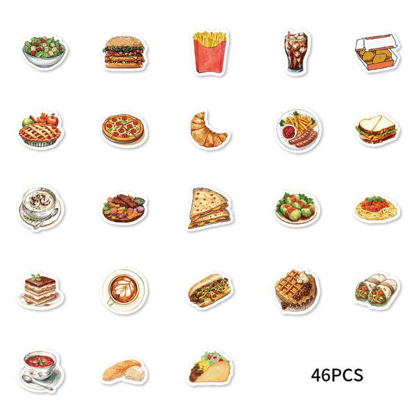 46Pcs Burger Pizza Coffee American Food Theme Stickers Decorated Notebook Water Bottle Diary Classic Toy Scrapbook Diy Decal Scrapbooking Stickers