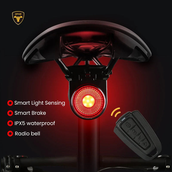 Antusi A8 Wireless Bike Rear Light Bell Anti Theft Alarm & Auto Brake Taillight Lights & Reflectors