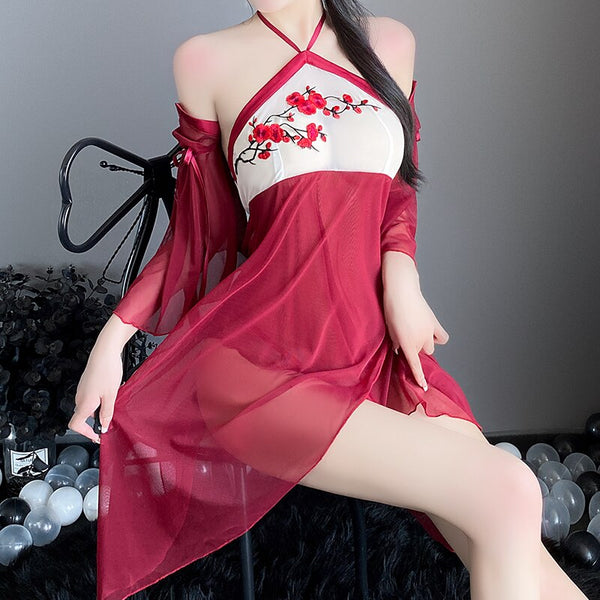 Chinese Blossom Satin Mesh Halter Chemise Dress Lingerie Red Sleepwear