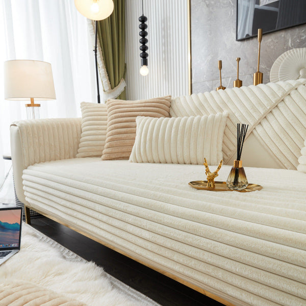 Sofa Towel Super Soft Linear Beige Rabbit Plush Quilted Couch Cover Slipcovers