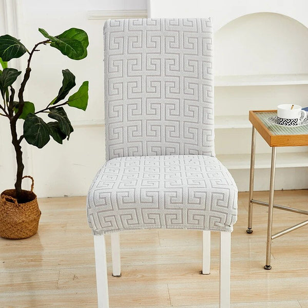 Chair Cover Light Grey Square Geometric Design Elastic Material For Slipcovers
