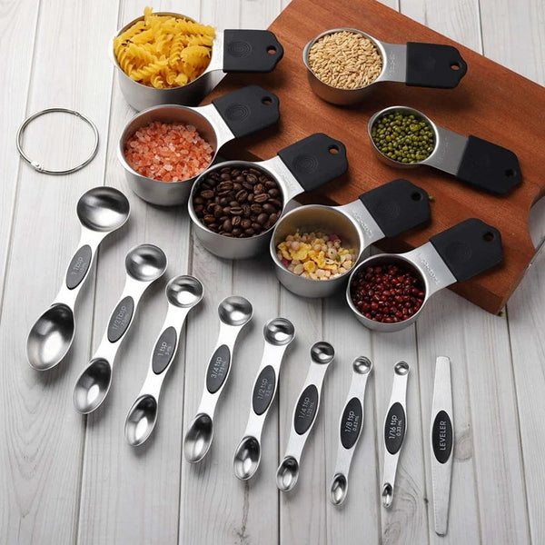 16Pc Magnetic Stainless Steel Measuring Cups & Spoons Set 7 Heavy Duty Cups8 Double Sided With Leveler Measuring Cups Jugs & Spoons