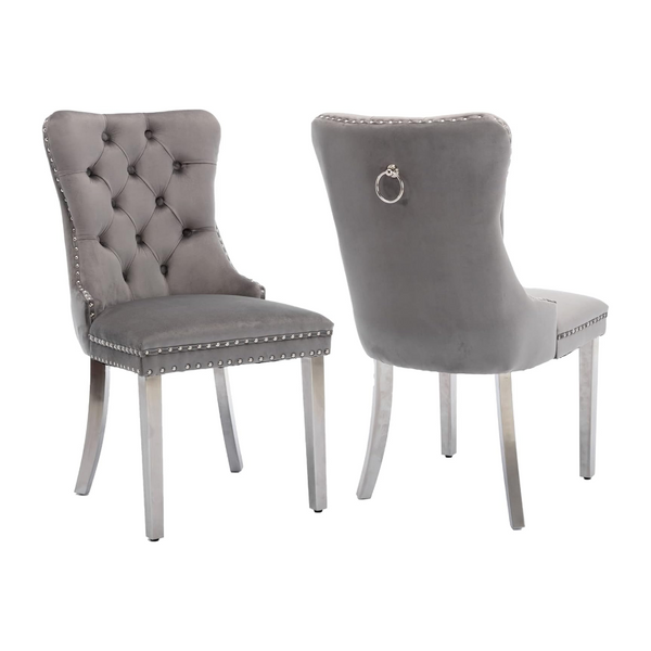Set Of 2 Alsea Dark Grey Velvet & Silver Steel Upholstered Tufted Stud Trim And Ring Dining Chairs