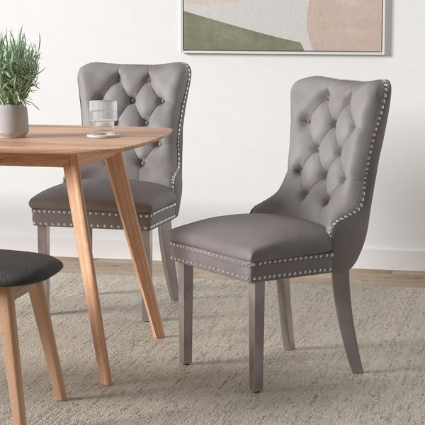 Set Of 2 Alsea Dark Grey Velvet & Silver Steel Upholstered Tufted Stud Trim And Ring Dining Chairs