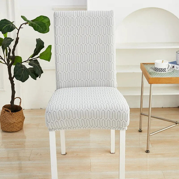 Chair Cover Light Grey Wavey Lines Design Elastic Material For Dining Room Slipcovers
