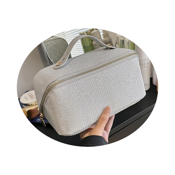 Elosung Silver Shiny Large Capacity Makeup Bag Multi Function Travel Toiletry Organiser Handheld Cosmetic Storage Makeup Bags & Cases