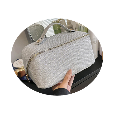 Elosung Silver Shiny Large Capacity Makeup Bag Multi Function Travel Toiletry Organiser Handheld Cosmetic Storage Makeup Bags & Cases