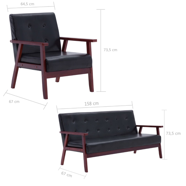 Sofa Set 2 Piece Black Faux Leather Sofas Armchairs & Couches