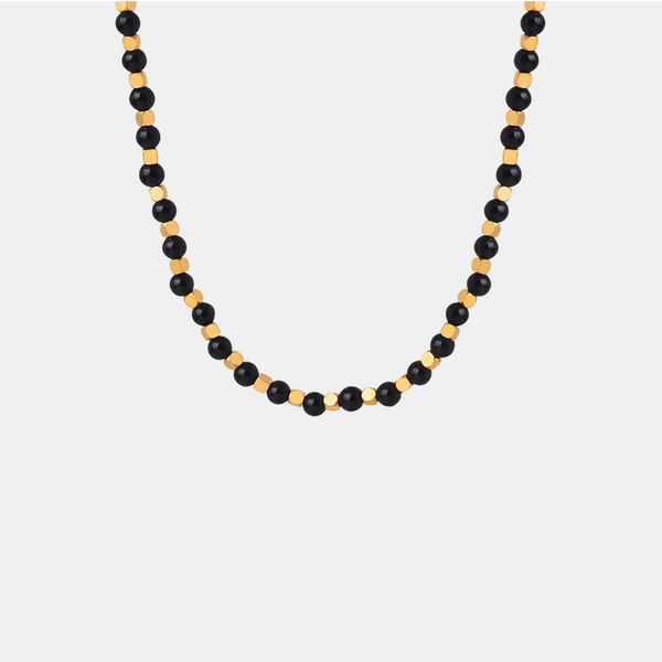 Square Titanium Steel Gold Plated Natural Black Agate Stone Handmade Bead Necklace Jewelry For Women Necklaces & Pendants
