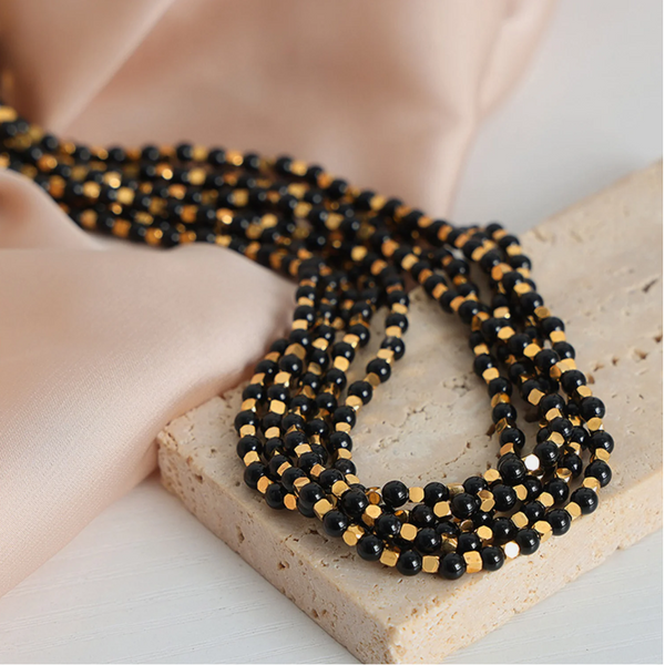 Square Titanium Steel Gold Plated Natural Black Agate Stone Handmade Bead Necklace Jewelry For Women Necklaces & Pendants