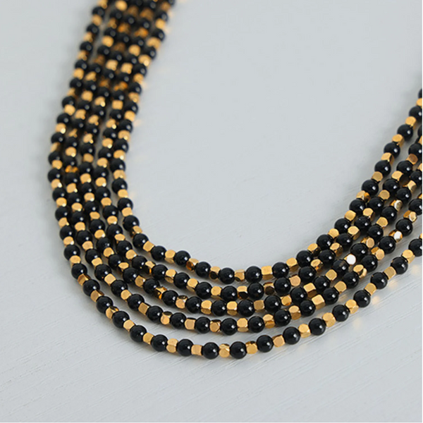 Square Titanium Steel Gold Plated Natural Black Agate Stone Handmade Bead Necklace Jewelry For Women Necklaces & Pendants