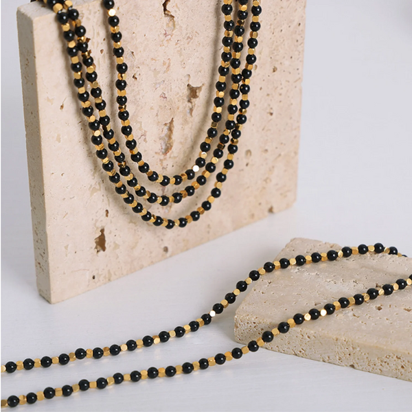 Square Titanium Steel Gold Plated Natural Black Agate Stone Handmade Bead Necklace Jewelry For Women Necklaces & Pendants