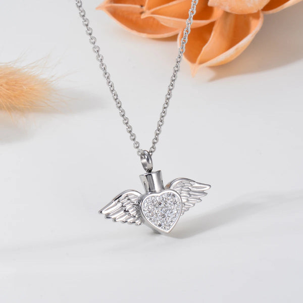 Veile Studios Stainless Steel Rhinestone Heart Angel Wing Memorial Urn Necklace Pendant For Ashes Necklaces & Pendants
