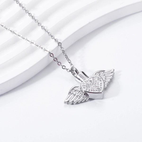 Veile Studios Stainless Steel Rhinestone Heart Angel Wing Memorial Urn Necklace Pendant For Ashes Necklaces & Pendants