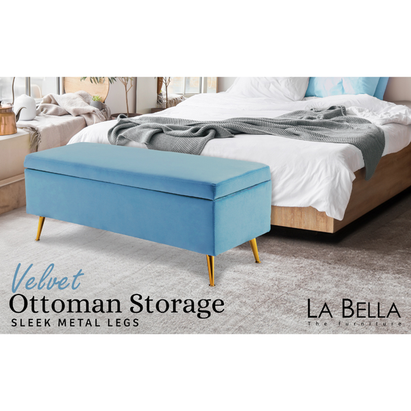 La Bella Storage Stool Bench Seat 110Cm Velvet Ocean Blue Ottomans Footstools & Poufs