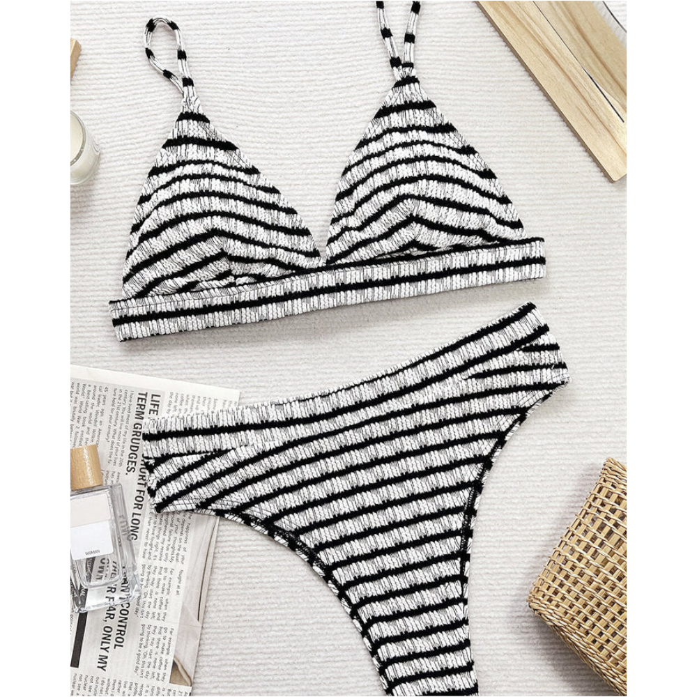 Striped V Neck Two Piece Swim Set Swimwear