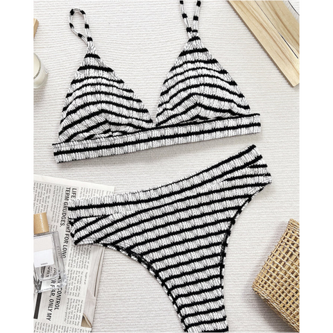 Striped V Neck Two Piece Swim Set Swimwear