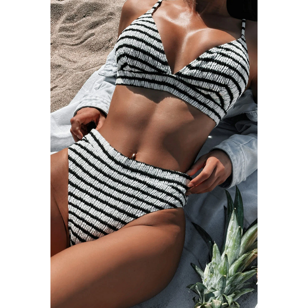 Striped V Neck Two Piece Swim Set Swimwear