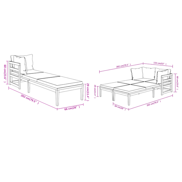 Sun With Cream White Cushions 2 Pcs Acacia Wood Loungers