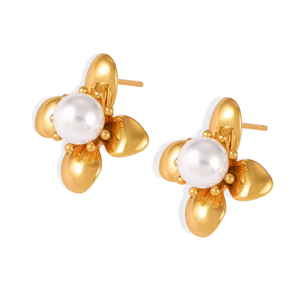 Synthetic Pearl Titanium Steel Flower Earrings