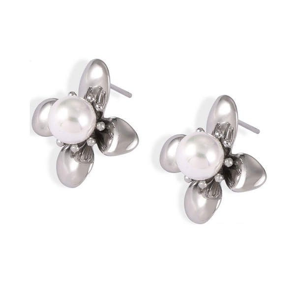 Synthetic Pearl Titanium Steel Flower Earrings