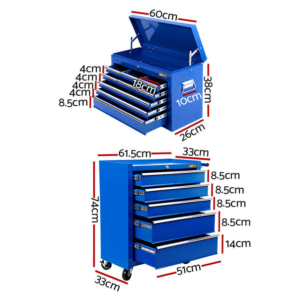 Giantz 14 Drawer Tool Box Cabinet Chest Mechanic Garage Storage Trolley Blue Tool Boxes