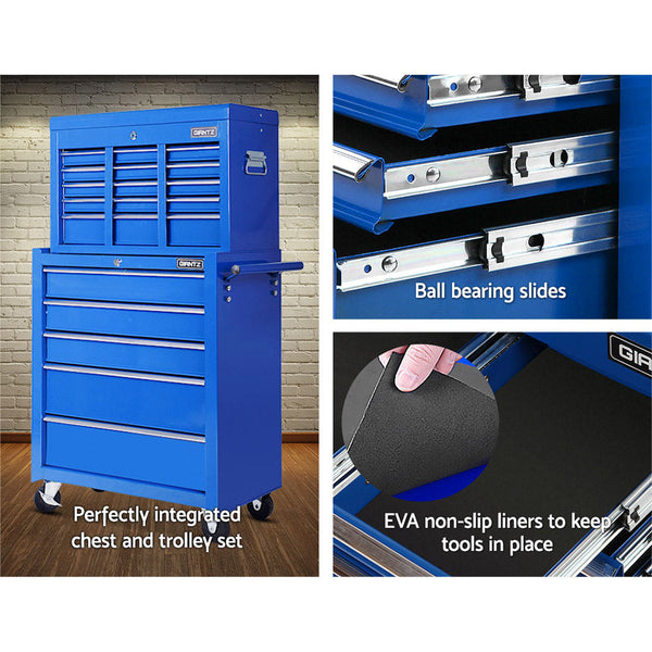 Giantz 14 Drawer Tool Box Cabinet Chest Mechanic Garage Storage Trolley Blue Tool Boxes