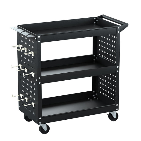 Giantz 3 Tier Tool Cart Storage Trolley Workshop Garage Pegboard Hooks Black Other Tool Storage