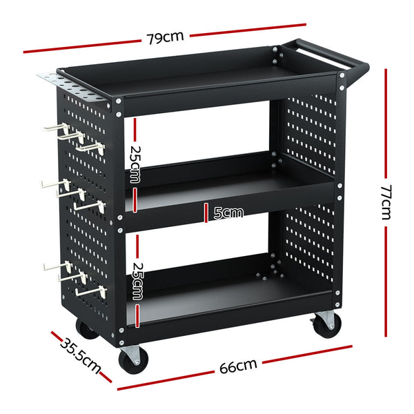 Giantz 3 Tier Tool Cart Storage Trolley Workshop Garage Pegboard Hooks Black Other Tool Storage