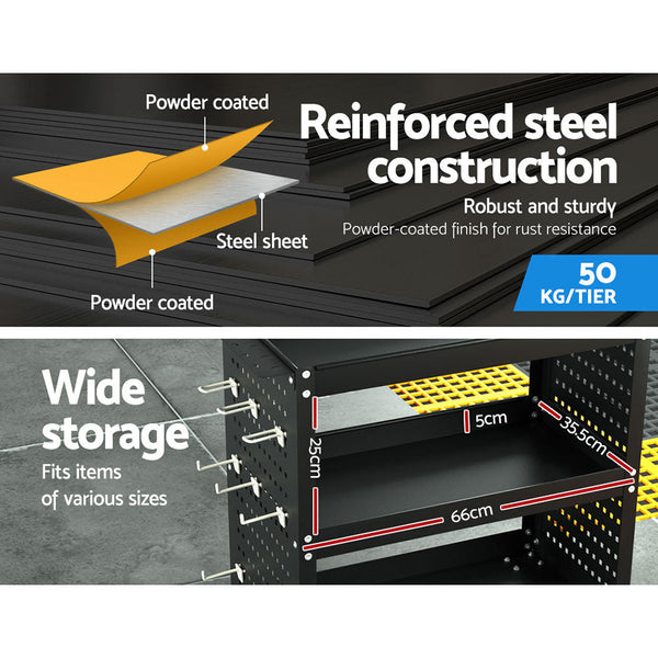 Giantz 3 Tier Tool Cart Storage Trolley Workshop Garage Pegboard Hooks Black Other Tool Storage