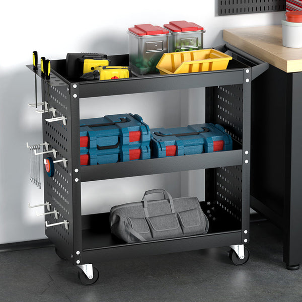 Giantz 3 Tier Tool Cart Storage Trolley Workshop Garage Pegboard Hooks Black Other Tool Storage