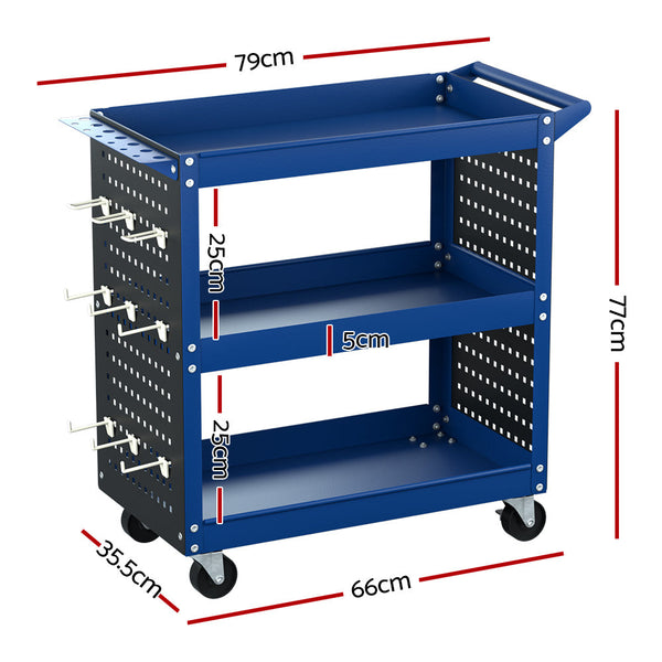 Giantz 3 Tier Tool Cart Storage Trolley Workshop Garage Pegboard Hooks Blue Other Tool Storage