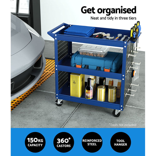 Giantz 3 Tier Tool Cart Storage Trolley Workshop Garage Pegboard Hooks Blue Other Tool Storage