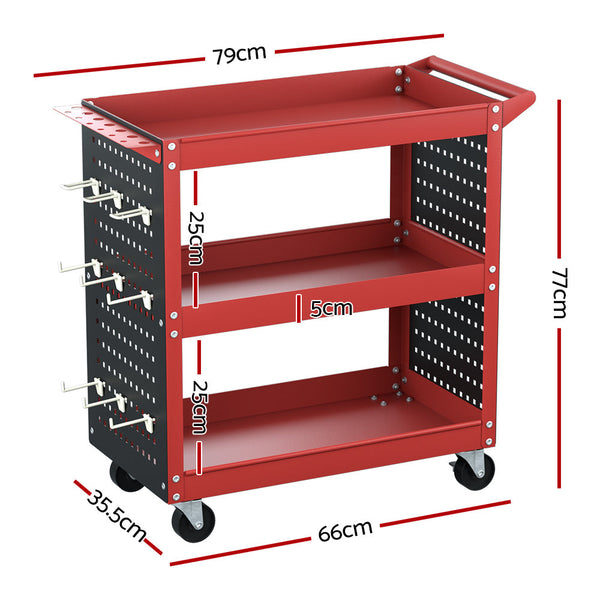 Giantz 3 Tier Tool Cart Storage Trolley Workshop Garage Pegboard Hooks Red Tool & Equipment Trolleys