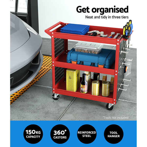 Giantz 3 Tier Tool Cart Storage Trolley Workshop Garage Pegboard Hooks Red Tool & Equipment Trolleys