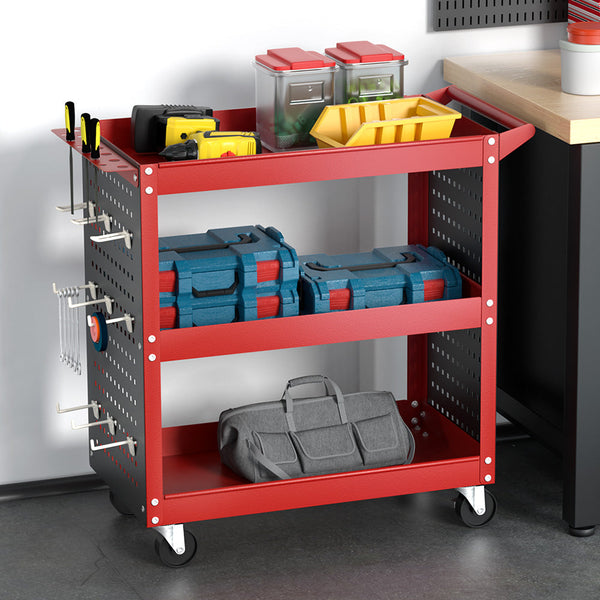 Giantz 3 Tier Tool Cart Storage Trolley Workshop Garage Pegboard Hooks Red Tool & Equipment Trolleys