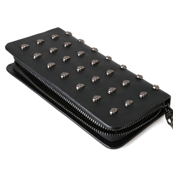Leather Wristlet Handbag With Metal Skull Design And Zipper Closure Handbag Accessories