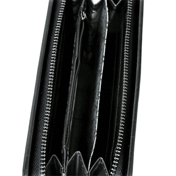 Leather Wristlet Handbag With Metal Skull Design And Zipper Closure Handbag Accessories