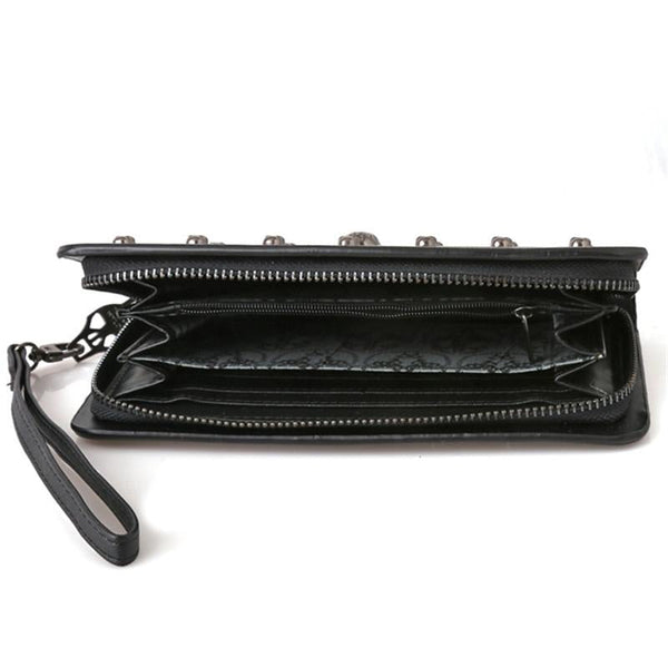 Leather Wristlet Handbag With Metal Skull Design And Zipper Closure Handbag Accessories