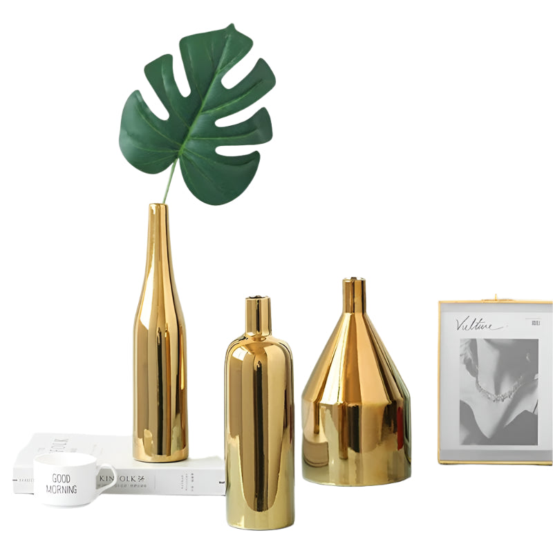 Gold Plated Ceramic Flower Vase Desktop Decorative Three Piece Set Vases