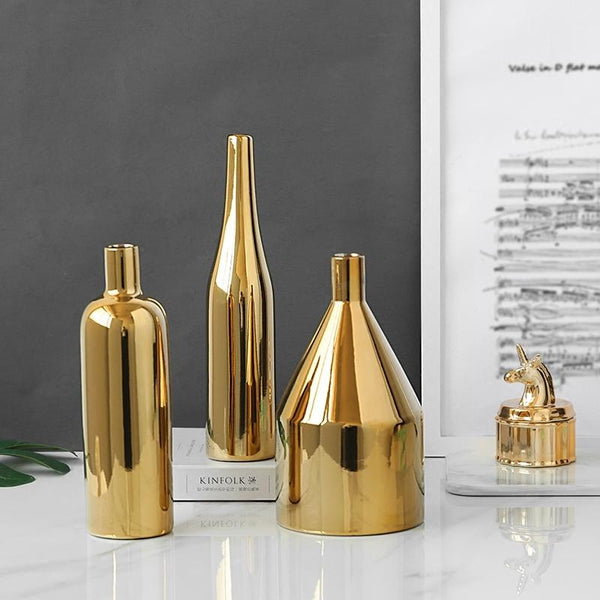 Gold Plated Ceramic Flower Vase Desktop Decorative Three Piece Set Vases
